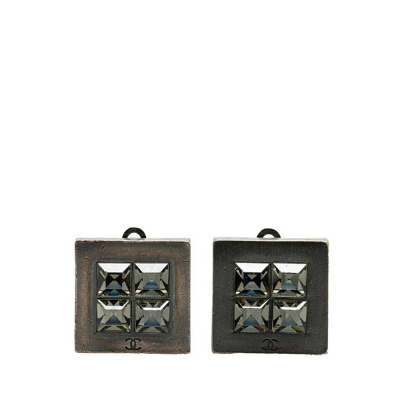 Chanel Square Coco Mark Rhinestone Earrings Silver Metal Women's CHANEL